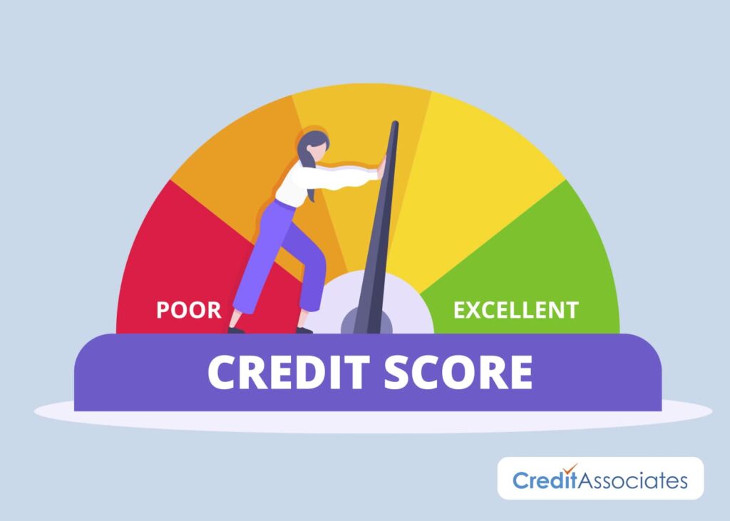 Woman pushing credit score scale to the better side.