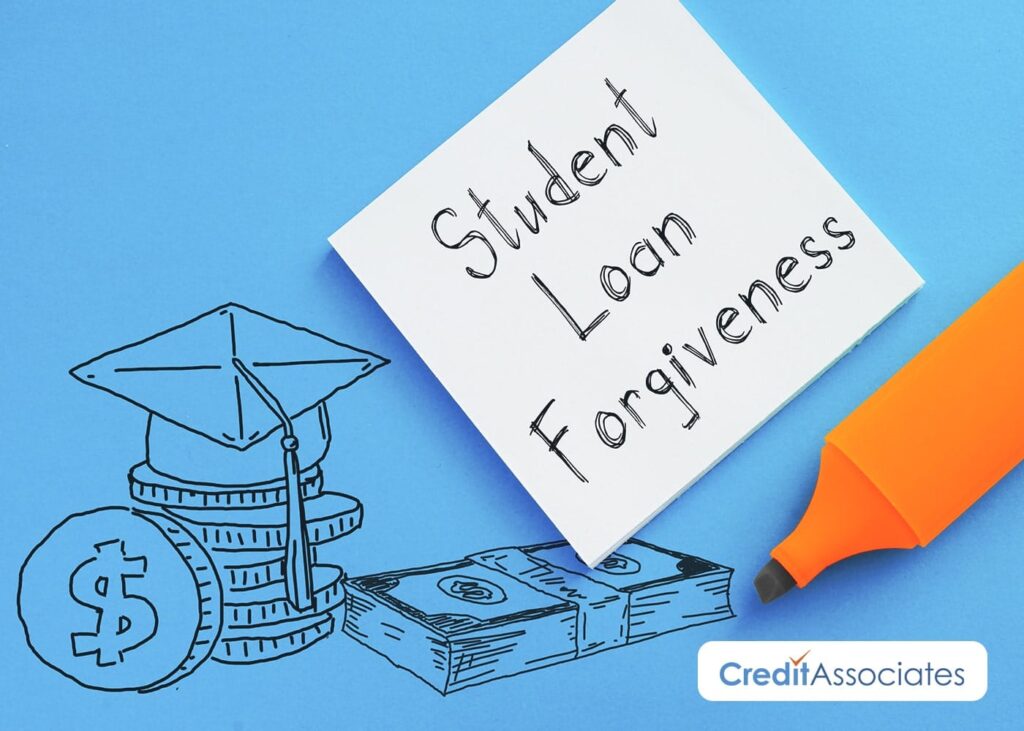 Graphic showing money and student loan forgiveness written.