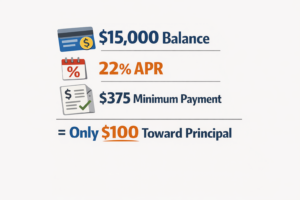 Why cutting expenses doesn't work for high-interest credit card debt 1 Infographic showing how most of a minimum payment goes to interest, not principal.